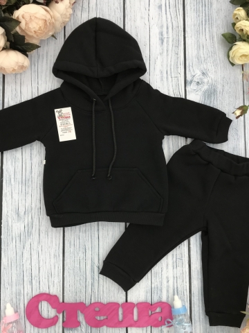 Купить оптом 296-Ч. Свитшот с капюшоном + Штаны, хлопок 65%, 35% ПЭ, 3-х нитка (начес) черный 80,86,92 в Хасавюрте